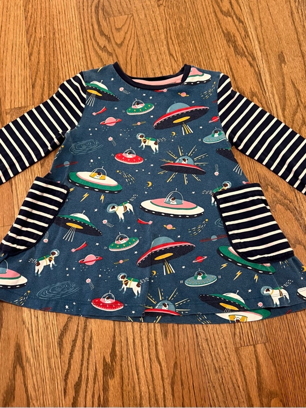 Mini Boden Navy Space UFO Long-Sleeve Tunic with Striped Sleeves
